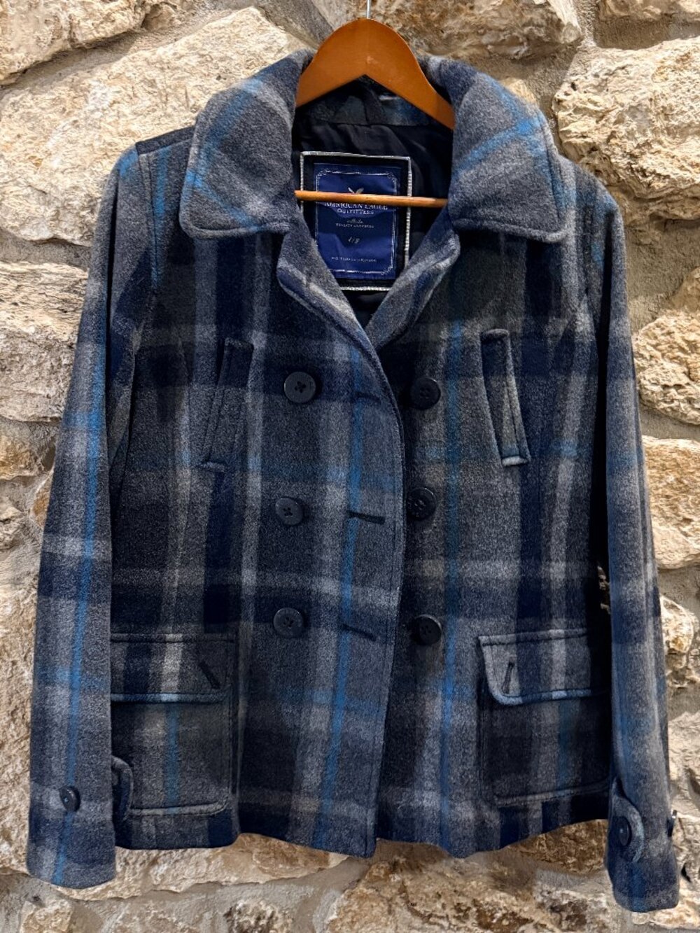Wool Plain Double Breasted Peacoat Blue Gray Womens Large